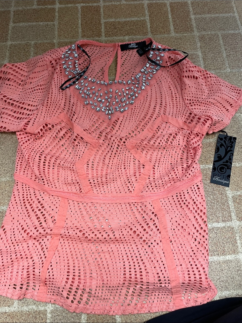 Buckle Coral Crochet Top with Jeweled Neckline